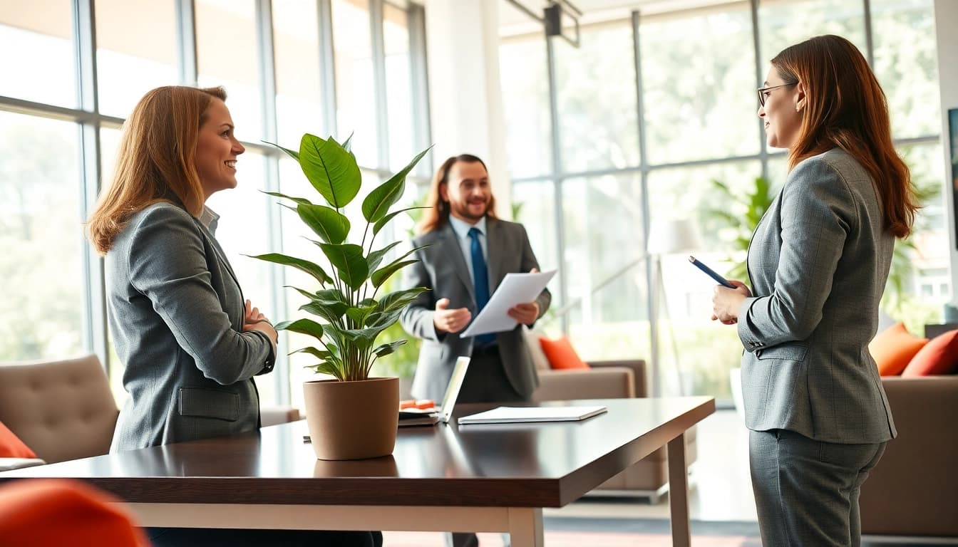 Engaging discussion about Real Estate in a modern office, showcasing professionalism and clarity.