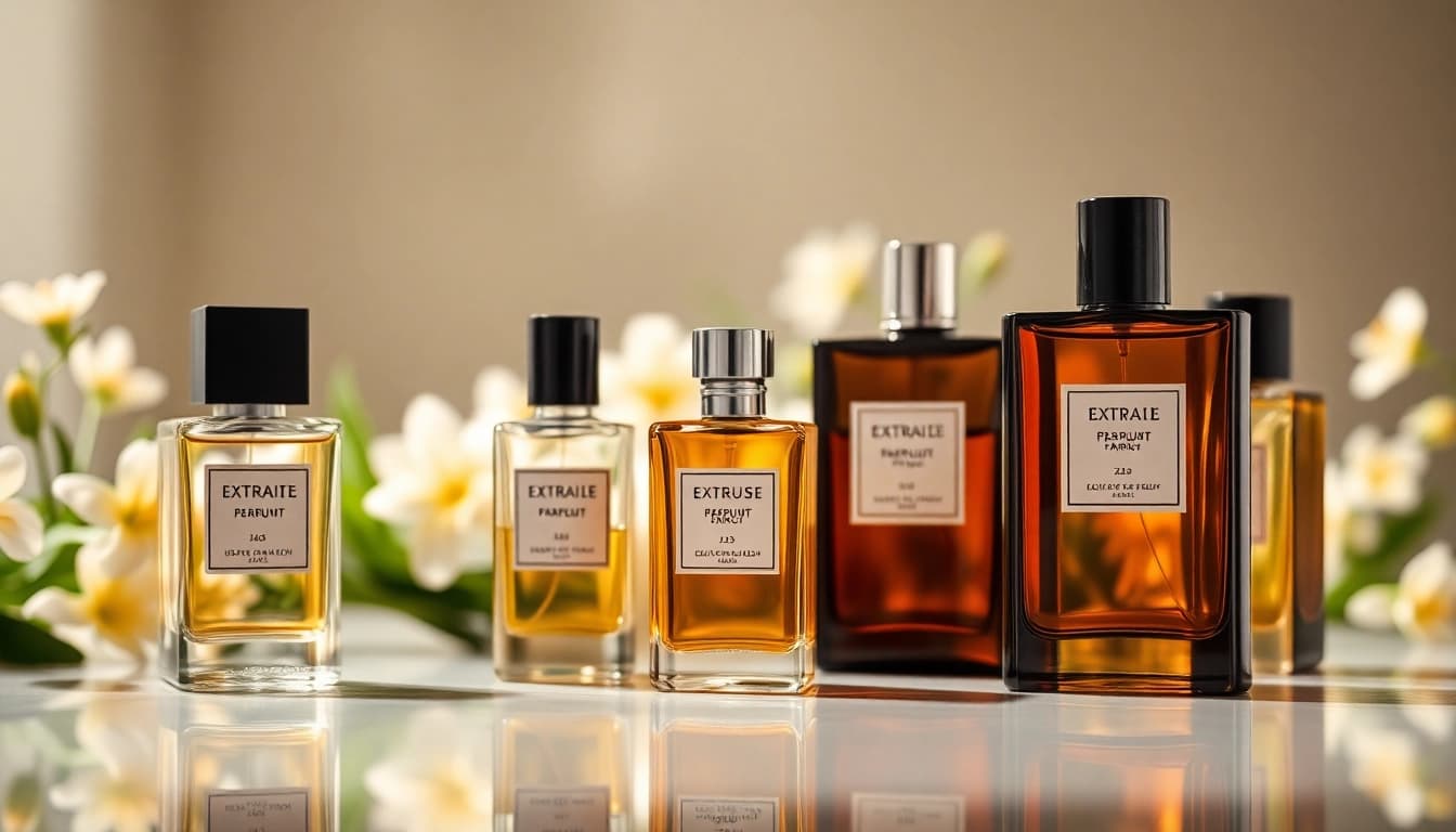 Compare Extrait de parfum vs eau de parfum through elegant fragrance bottles on a reflective surface.
