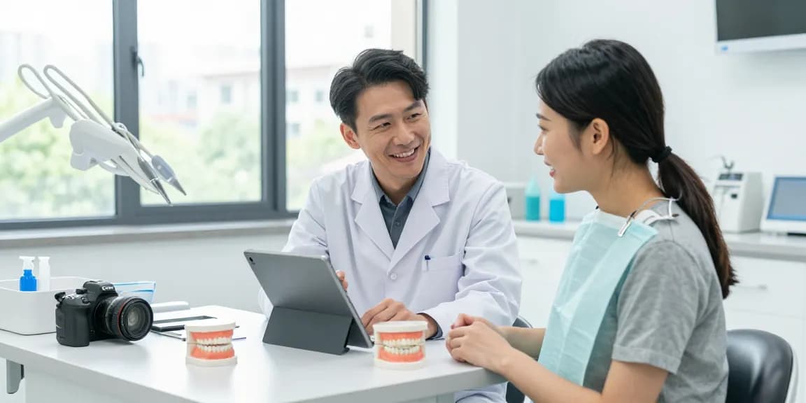 Orthodontist Melbourne consulting patient in modern clinic setting with dental models and digital technology.