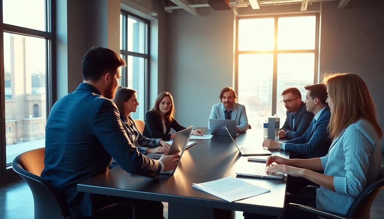 Executive search firm professionals collaborating in a bright and modern office setting.