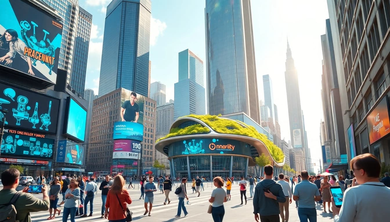 Showcasing Technology, a busy cityscape with modern devices and innovative architecture.