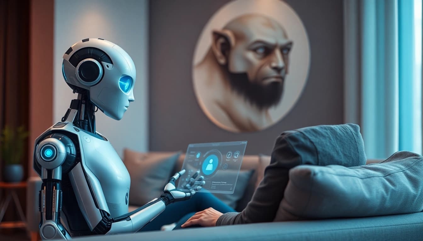 Engaging scene of a human interacting with a human-like AI companion, illustrating the concept of ai sex.