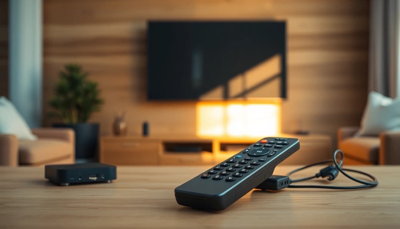 Bediene die Telefunken Fernbedienung D43 in einem gemütlichen Wohnambiente mit Fernseher.