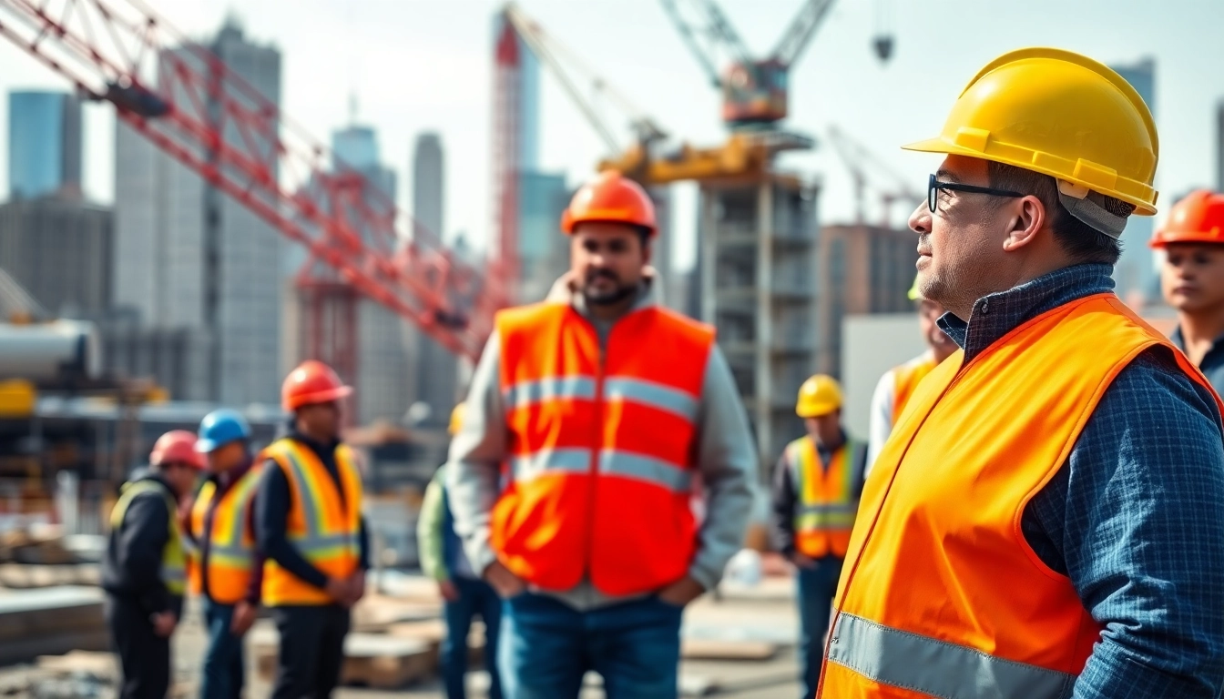 New York City Construction Manager directing a vibrant construction team amidst the iconic skyline.