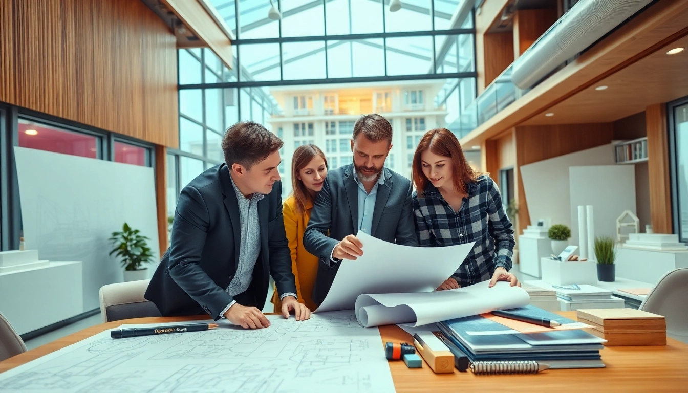 Showcase of construction design services in an architect's office with blueprints and collaborative teamwork.