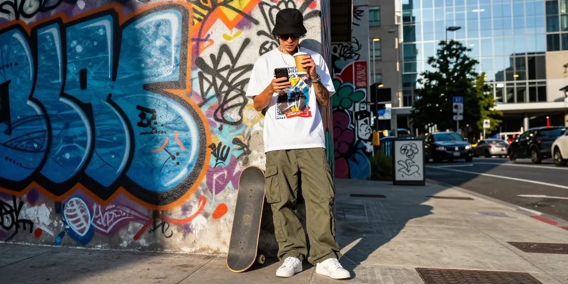 Stylish individual showcasing rokok88 streetwear against vibrant graffiti wall.