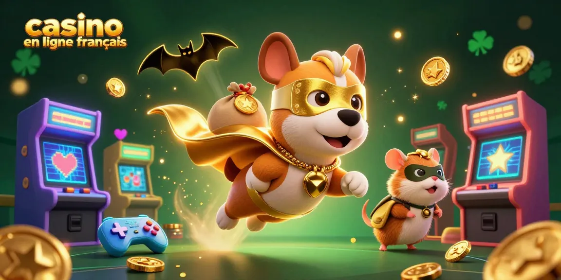 Jouez à des jeux de casino en ligne français captivants avec un super chien et son compagnon sur une scène remplie de joyaux.