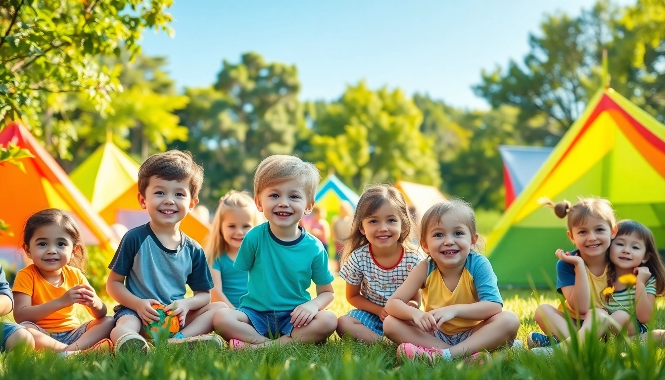 Children enjoying summer childrens camp activities outdoors amidst a bright nature setting.