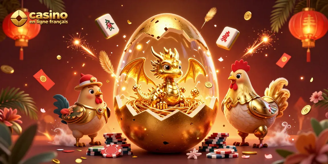 La scène de casino en ligne français avec un œuf doré et un dragon en or sur un lit de jetons de poker.