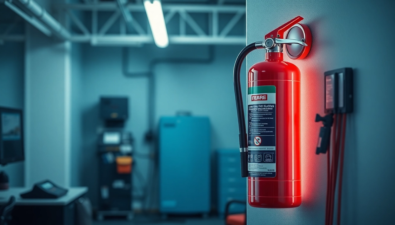 Showcasing an electrical fire extinguisher strategically placed in a workspace to highlight safety readiness.