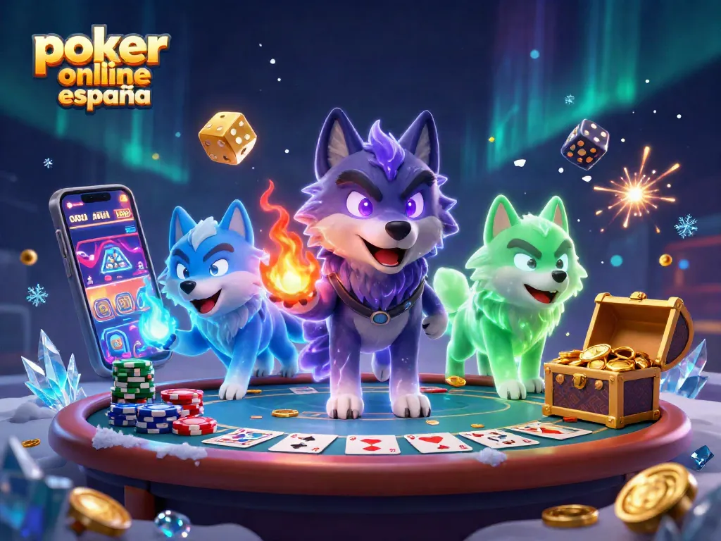Disfruta del poker online España con un líder lobo espectral y elementos de juego.