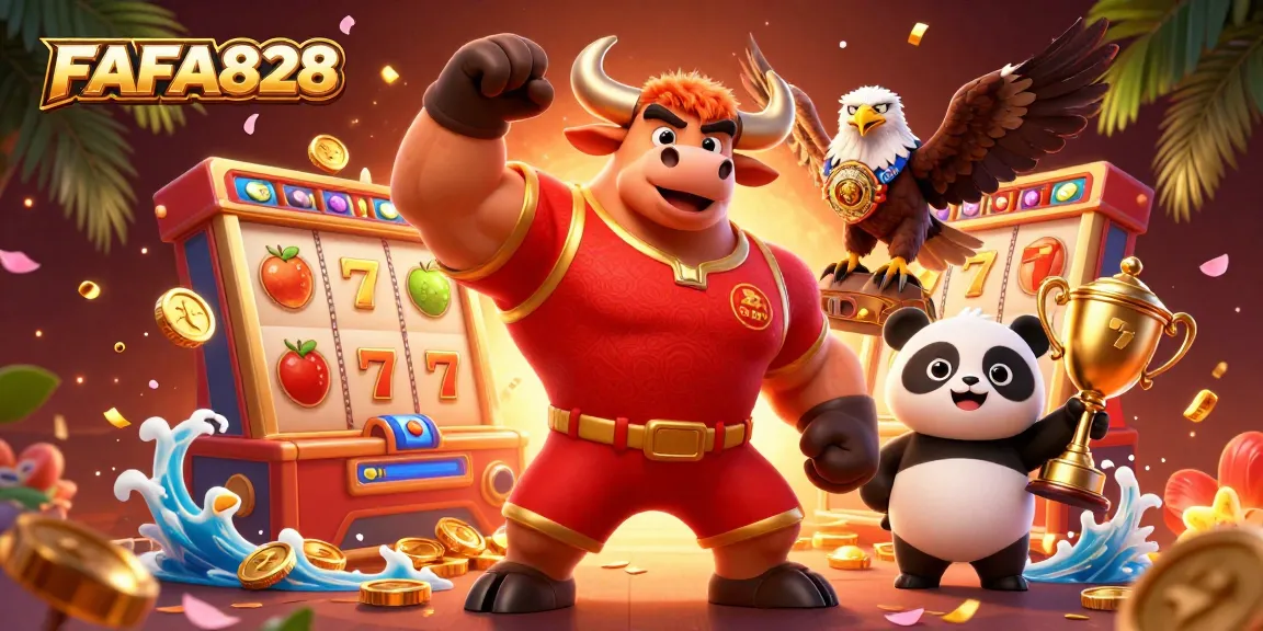 FAFA828 showcases a victorious bull mascot with a trophy, slot reels, and festive decorations.