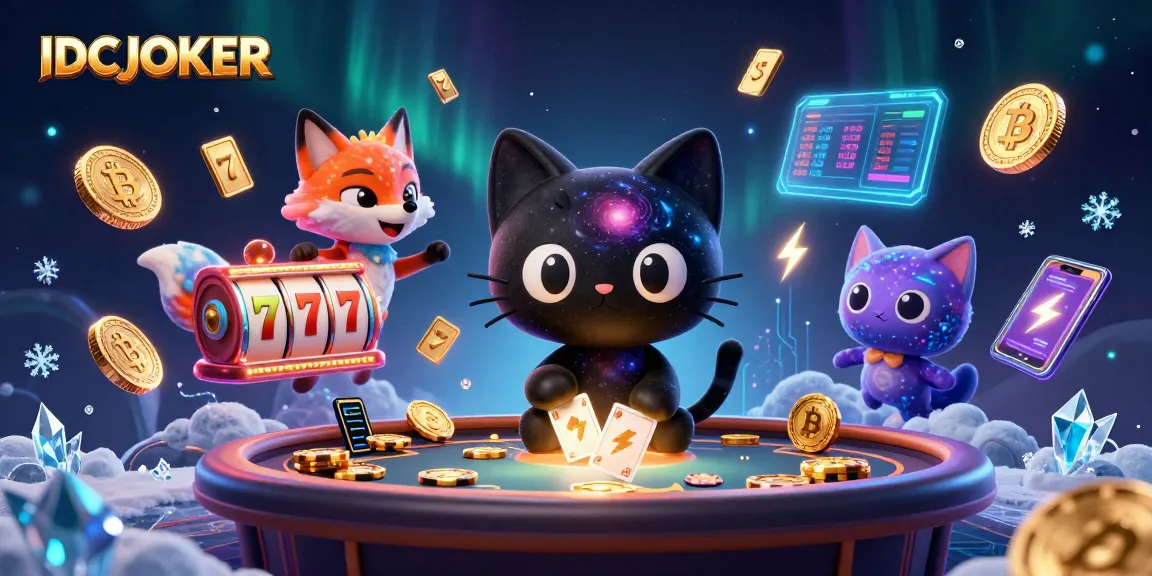 IDCJOKER cat attracts casino chips and cards in a dynamic cosmic scene full of slots and crypto elements.