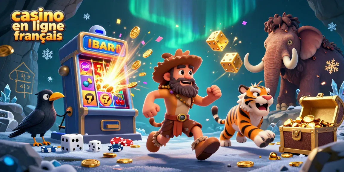 Cette illustration montre le casino en ligne français d'un duo préhistorique avec des éléments de jeux de casino.