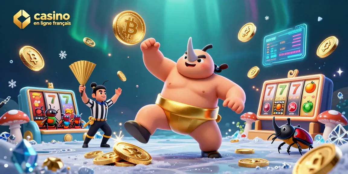 Illustration dynamique montrant un combat de sumo entre un rhinocéros et un grillon, pour casino en ligne français.