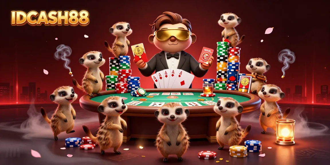 Experience IDCASH88's exciting casino scene with playful meerkats running the game and vibrant poker elements.