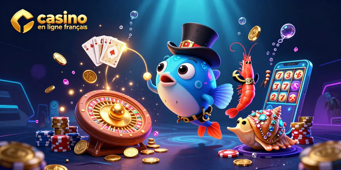 Illustration 3D colorée sur le thème du casino en ligne français avec des poissons et des jetons qui s'envolent.