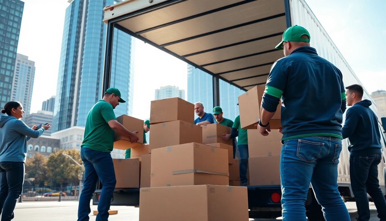 Movers from a Vancouver moving company packing a truck efficiently in a bright urban setting.