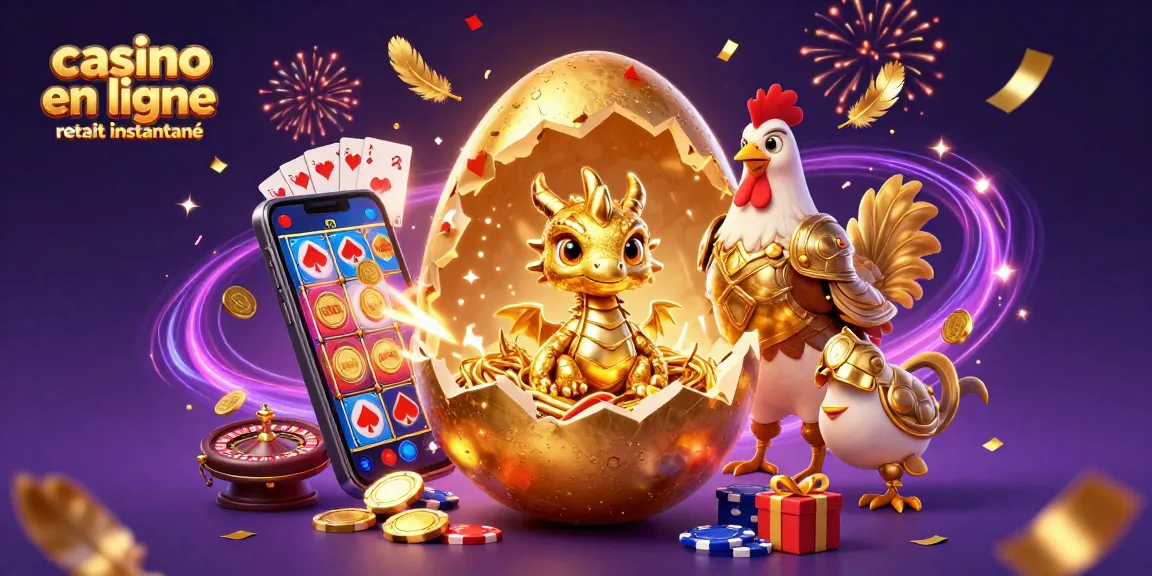 Casino en ligne retrait instantané : dragon doré émergent d'un œuf, entouré de jetons et jeux