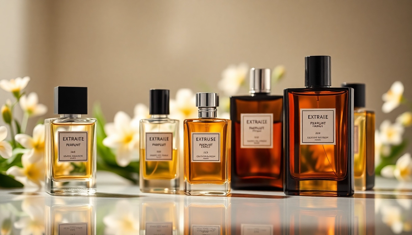 Compare Extrait de parfum vs eau de parfum through elegant fragrance bottles on a reflective surface.