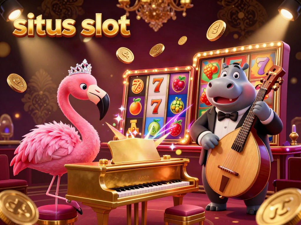 Experience situs slot with colorful casino elements and dynamic characters in a vibrant 3D illustration.