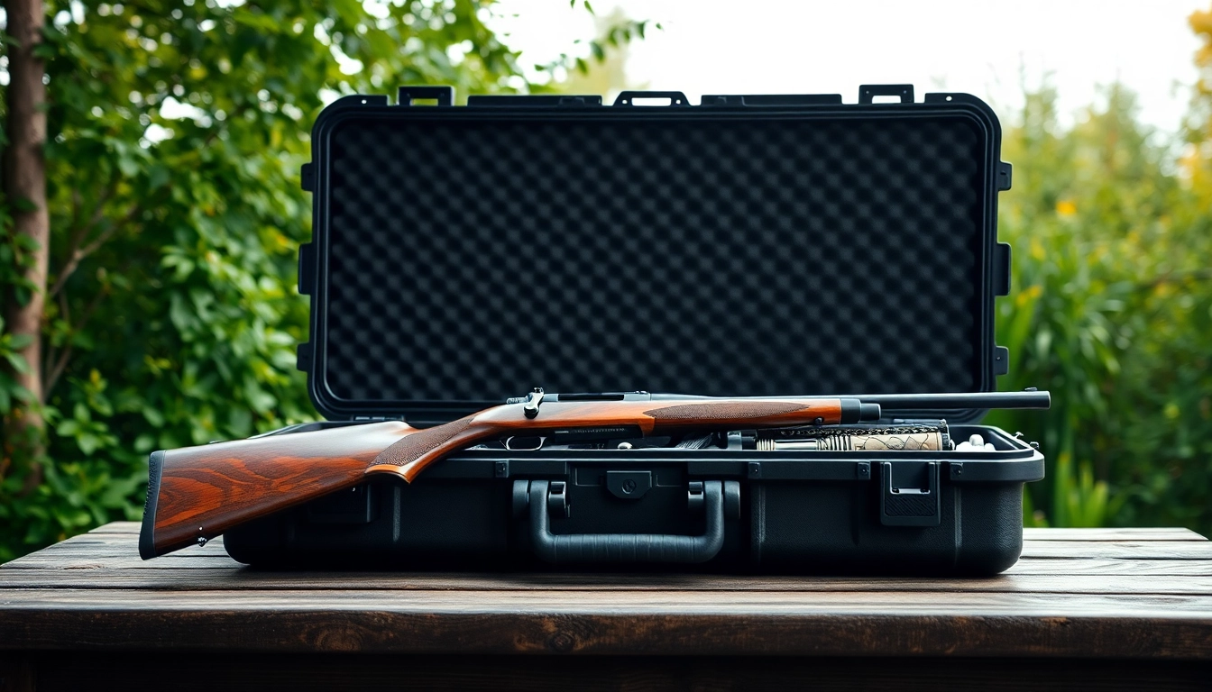 Showcase a pelican rifle case open with accessories laid out, creating an adventure-ready scene.