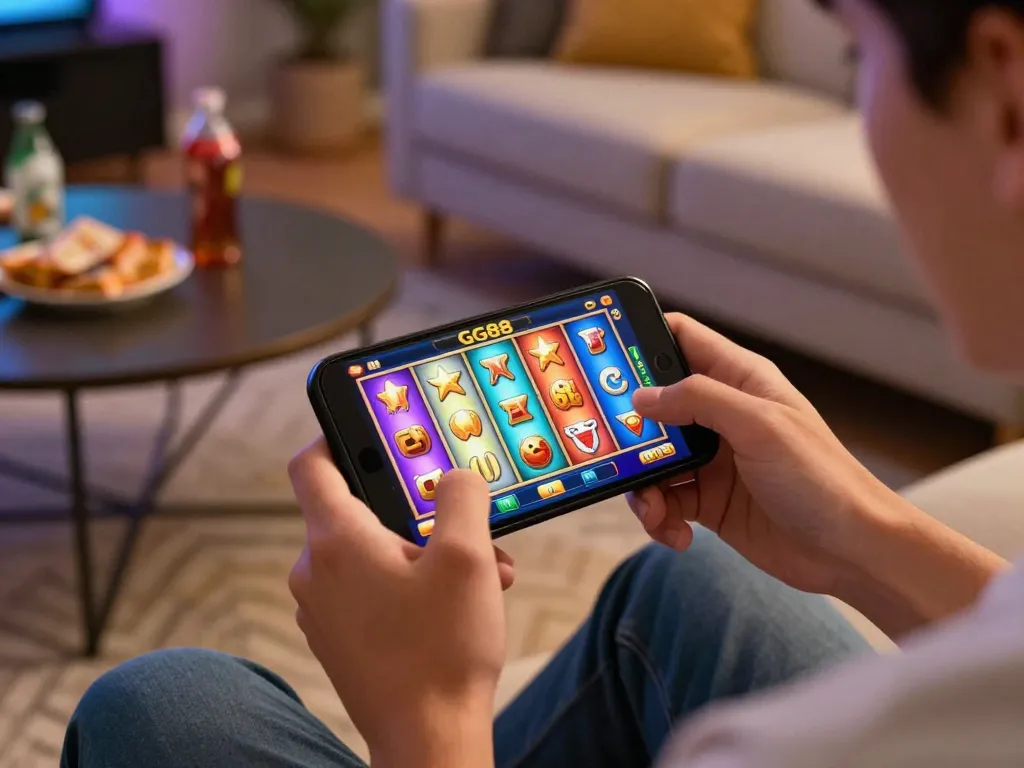 Engaging gameplay on GG88 slot Link with smartphone in hand and colorful winning reels displayed