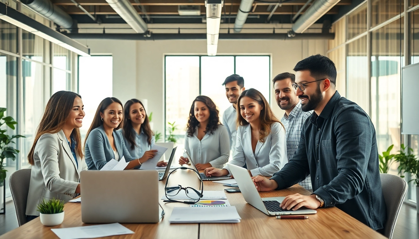 Highlighting small business jobs, a diverse team collaborates in a modern office setting.