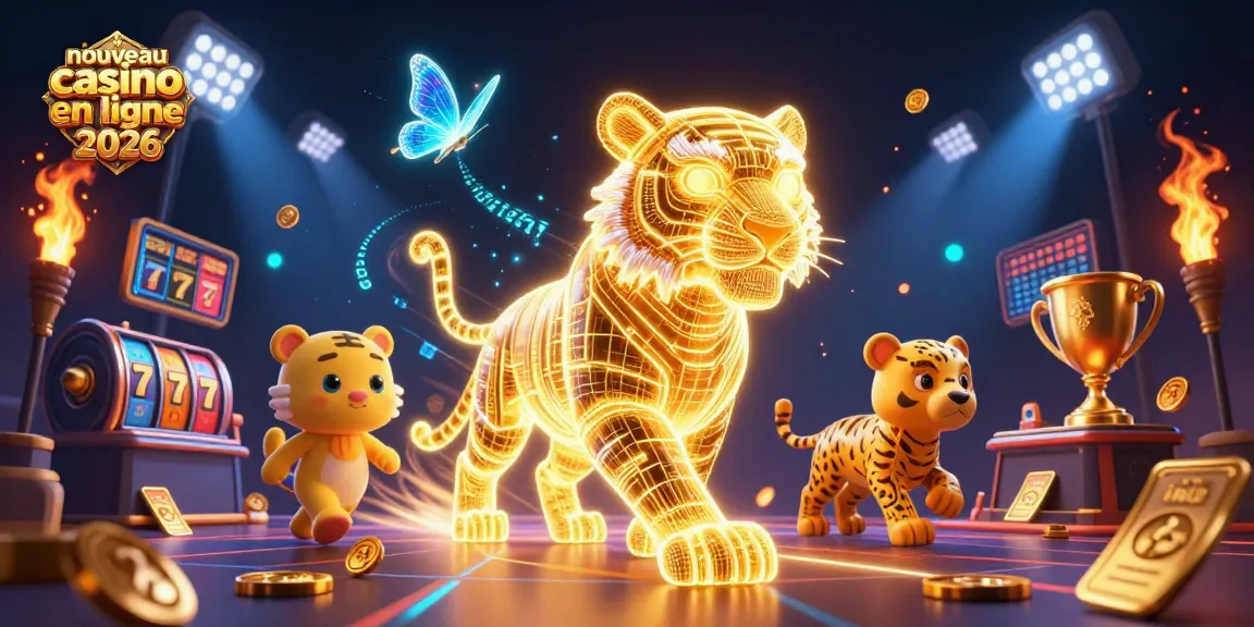 Illustration captivante de nouveau casino en ligne 2026 avec un tigre d'énergie lumineuse et des éléments de jeu dynamique.