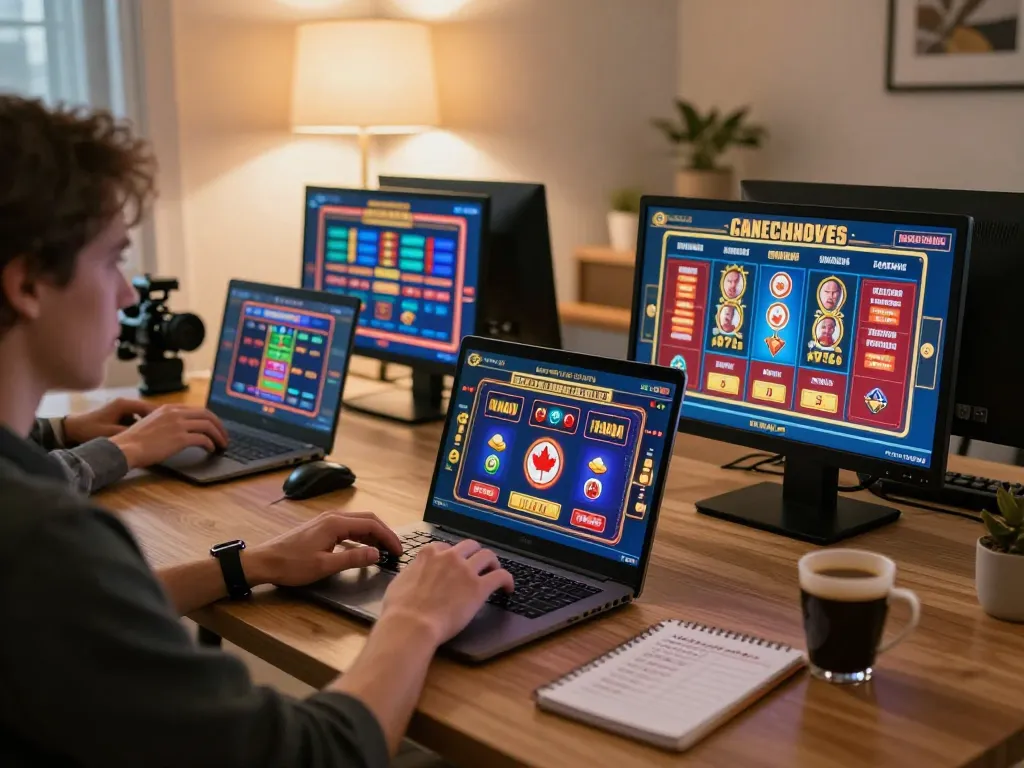 Person enjoying online casinos in Canada reddit gameplay on a laptop, showcasing vibrant gaming interaction.
