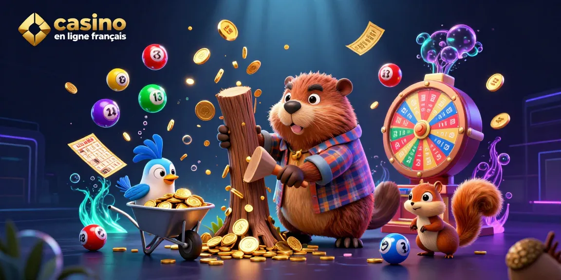Illustration 3D dynamique montrant un castor bûcheron et des éléments de casino en ligne français
