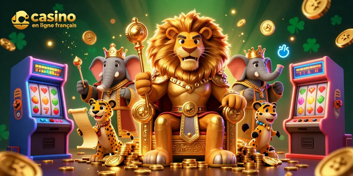 Découvrez le monde du casino en ligne français avec un roi lion et des machines à sous colorées dans un cadre dynamique.