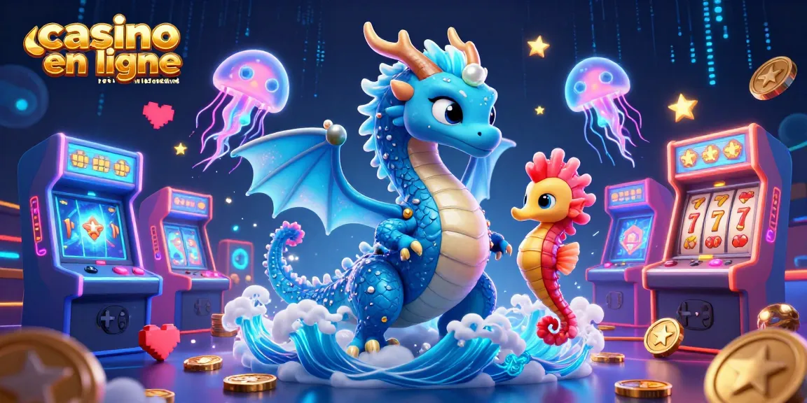 Découvrez une scène de casino en ligne retrait instantané avec un dragon, un chevalier hippocampe, et des méduses lumineuses.