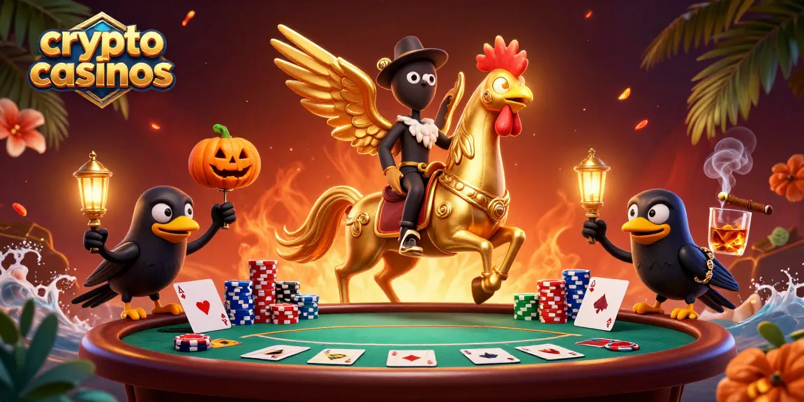 Illustration captivante de crypto casinos avec un coq doré et ses compères dans un casino nocturne.