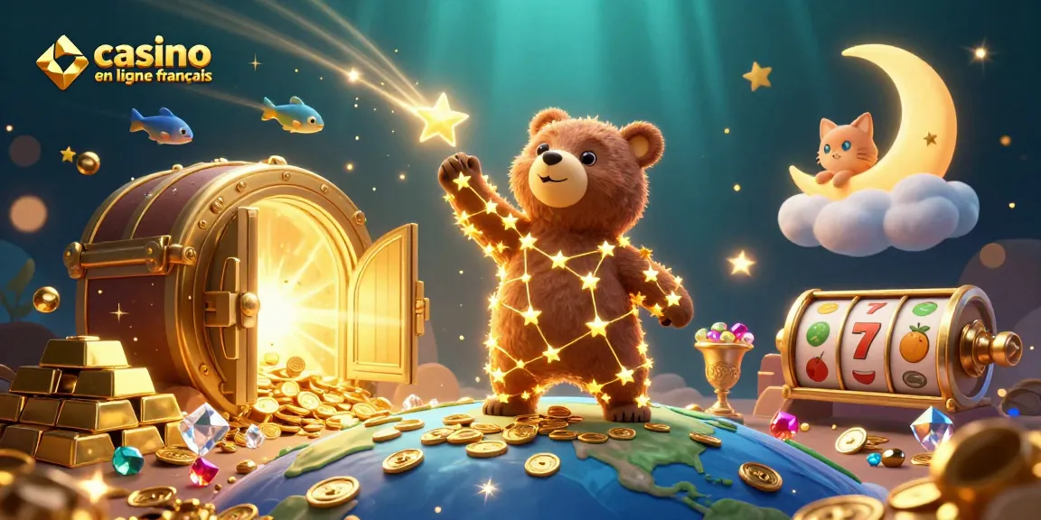 Illustration dynamique de casino en ligne français réunissant des ours constellation, une lune chat et des éléments de jeu.
