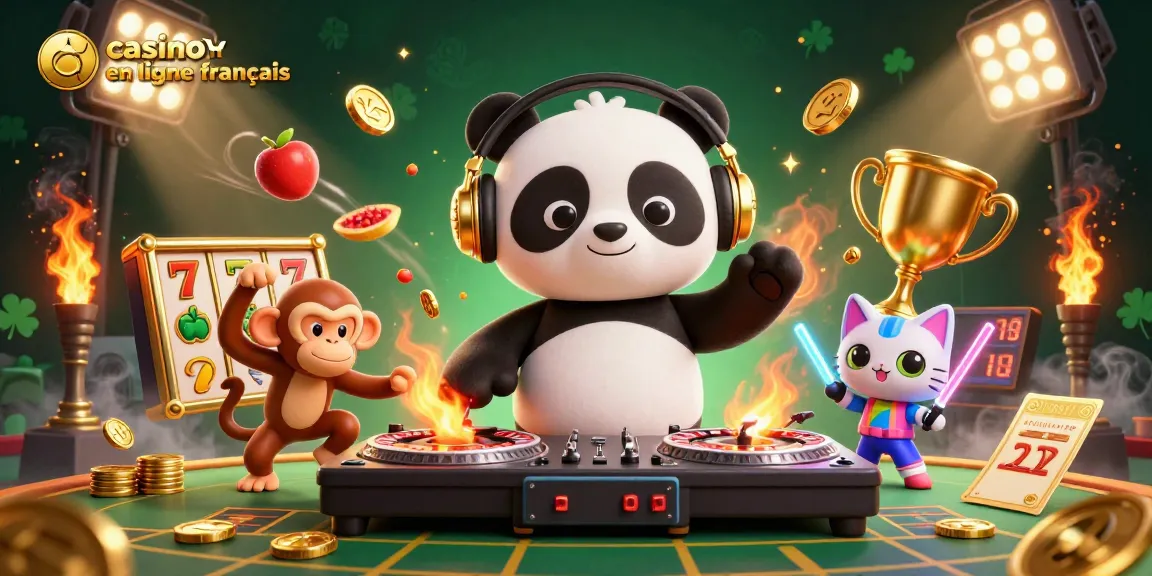 Jouez à casino en ligne français avec un panda DJ et des symboles de machines à sous, ambiance festive.