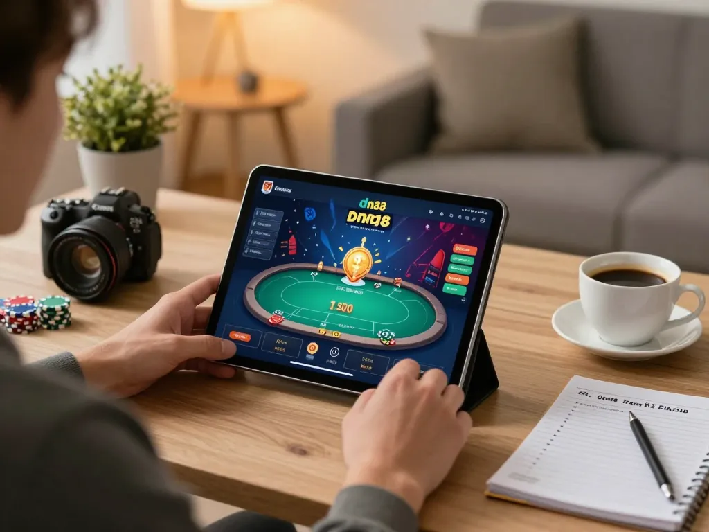 Engaged player exploring dn88 trang chủ for online poker, cozy home setting.