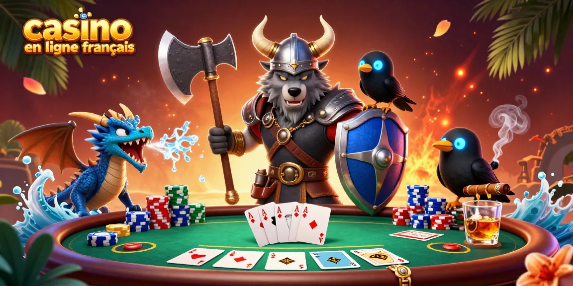 Jouer au casino en ligne français avec un guerrier viking, un dragon et des éléments de poker.
