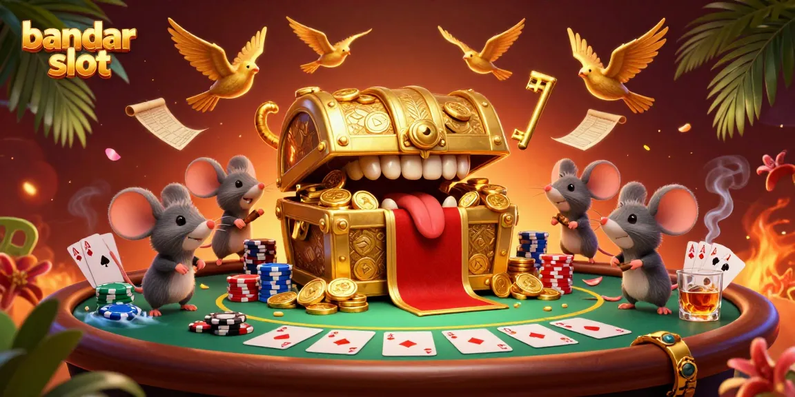 Engage with bandar slot gaming depicted in a vibrant 3D treasure scene filled with excitement and luxury.