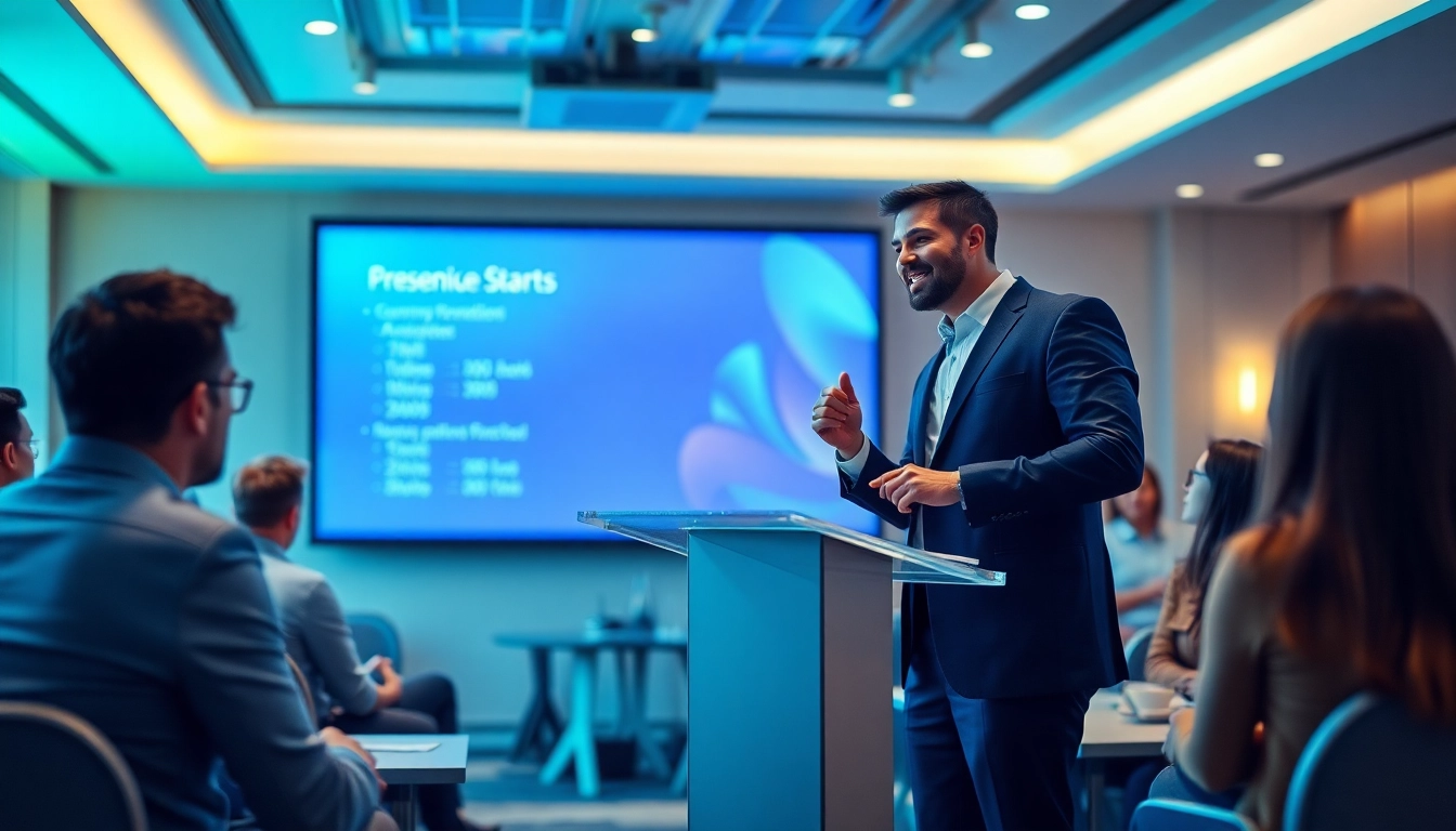 Enhance your Presentation Skills Training with a confident presenter engaging an audience.