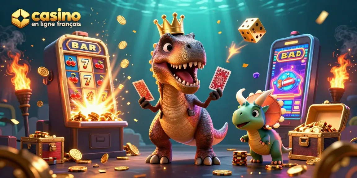 Les cartes et les jetons volent pendant que le T-Rex joue au casino en ligne français avec l'aide de ses amis.