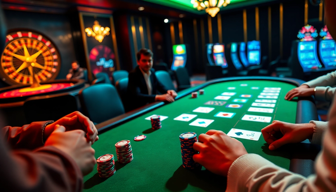 Intense poker game scene at MM88 casino with vibrant chips and cards.
