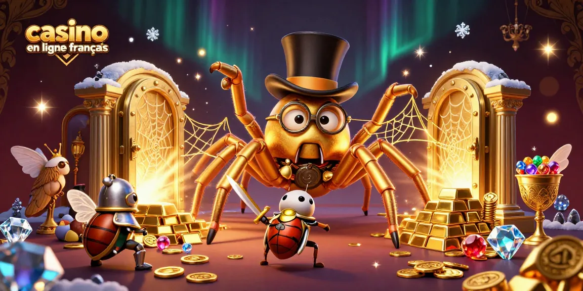 Explorez un casino en ligne français avec une scène captivante de personnages exotiques et de trésors scintillants.