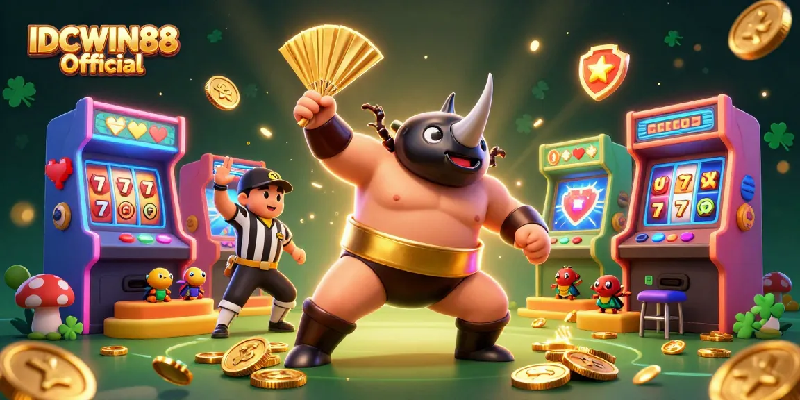 Experience thrilling slots action with IDCWIN88 Official as a beetle champion celebrates wins amidst dazzling gaming elements.
