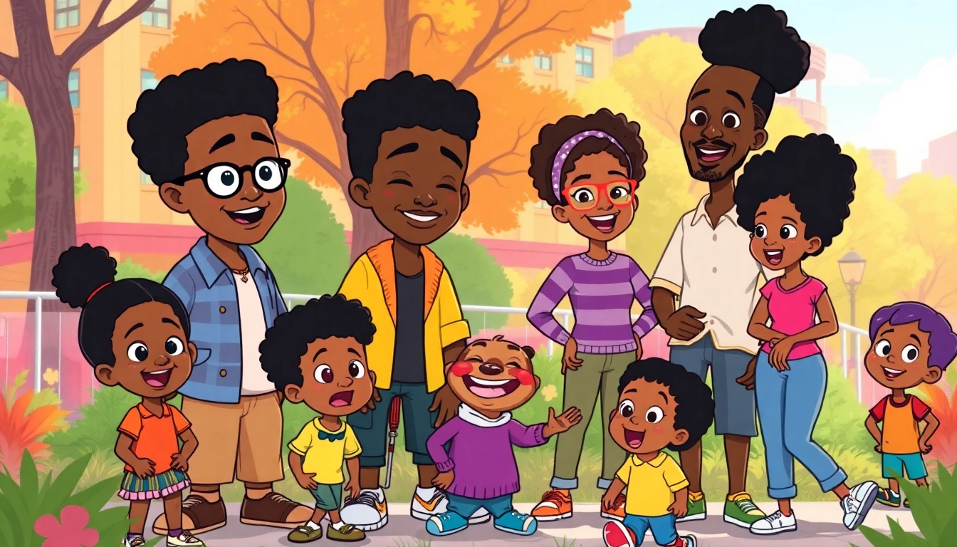 A lively scene of African American cartoon characters celebrating diversity in animation.