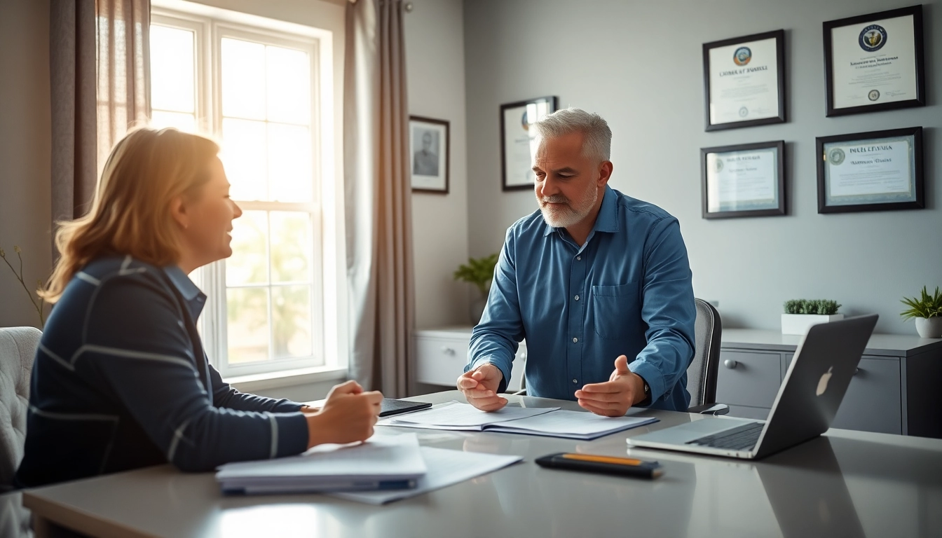 Florida Public Adjuster guiding a homeowner through insurance paperwork in a professional office.
