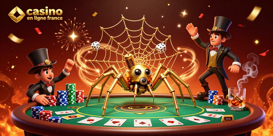 Illustration captivante de la scène de casino en ligne France, avec une araignée dorée steampunk et des dés pris dans une toile.