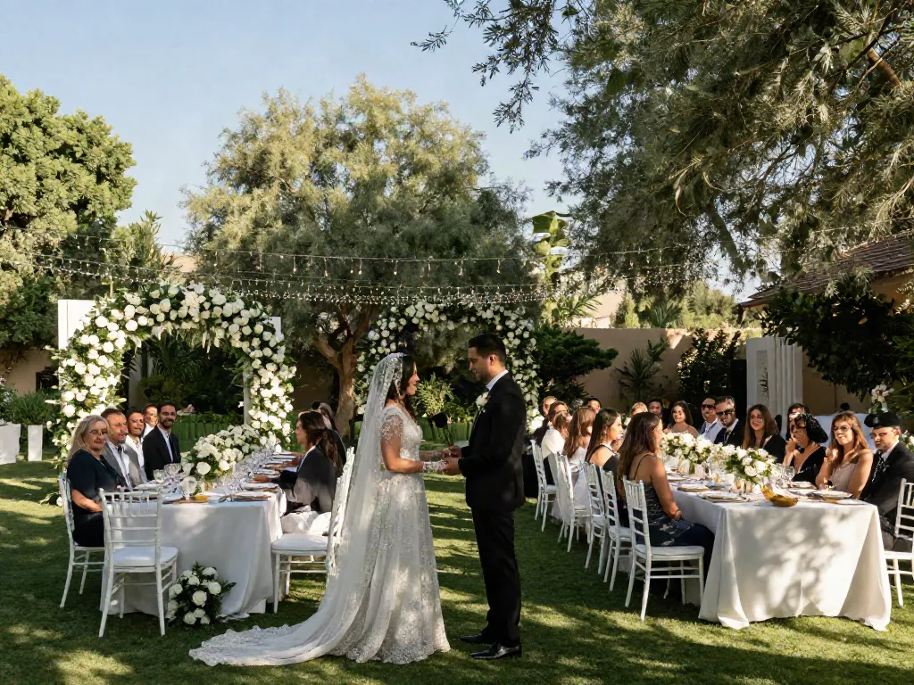 Event rental KSA showcasing a beautiful outdoor wedding setup with fairy lights and elegant decor.