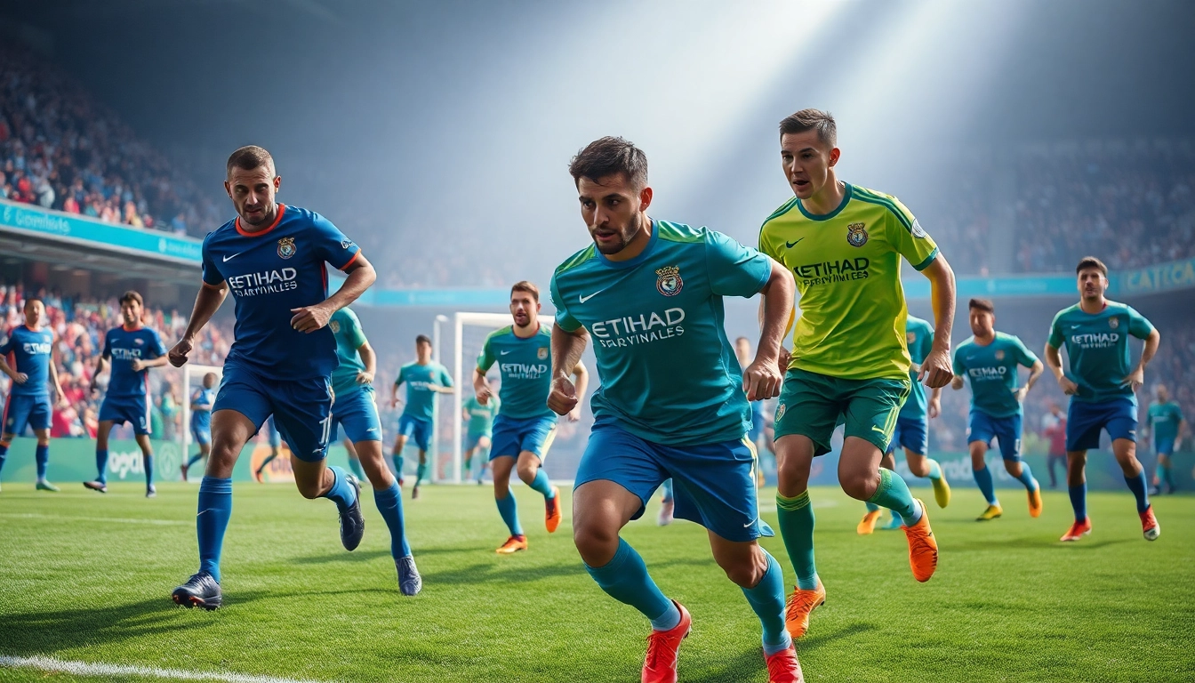 Showcasing a vibrant display of team football kits during an energetic soccer match.