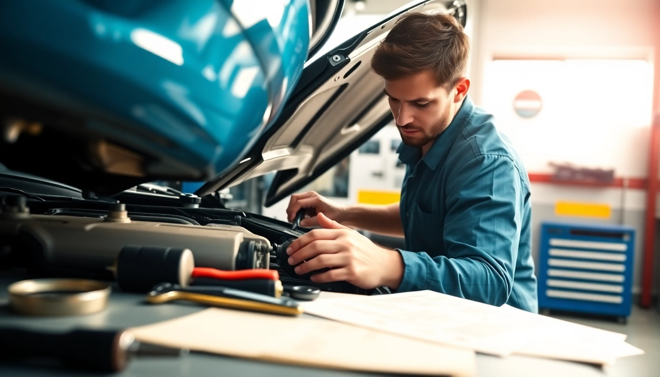 Highlighting monthly car warranty plans with a mechanic inspecting a vehicle in a clean, professional garage.